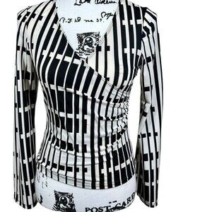 FOREVER 21 black and cream geometric top women wrap long sleeve blouse size L